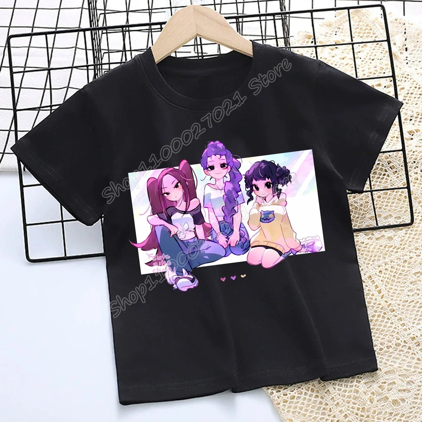 Camiseta de K-Pop Demon Hunters para niños, camiseta negra de dibujos animados para niñas, cuello redondo, ropa de manga corta
