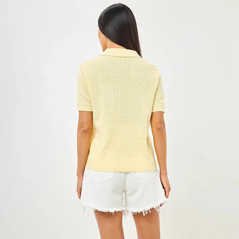 T-shirt femme en maille ajourée 2026 — manches courtes, décontracté, col à revers, tendance, uni