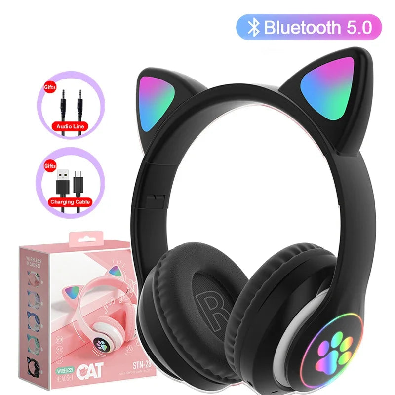 Lampe Flash oreilles de chat mignonnes, casque d'écoute stéréo bluetooth 5.0 avec Support de micro, carte TF, sans fil, pour enfants filles, cadeau d'anniversaire