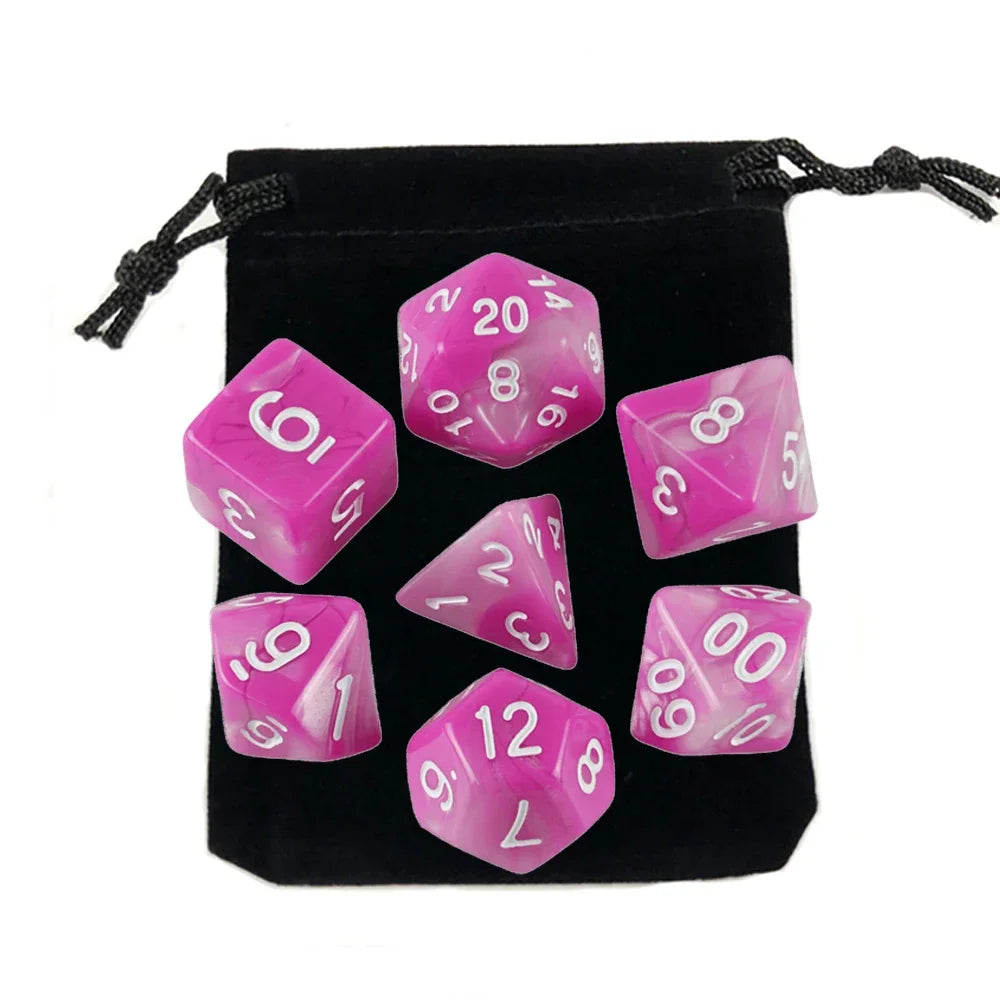 Dés polyédriques avec sac — jeu de société, jeu de rôle, d4, d6, d8, d10, d12, d20, 7 pièces