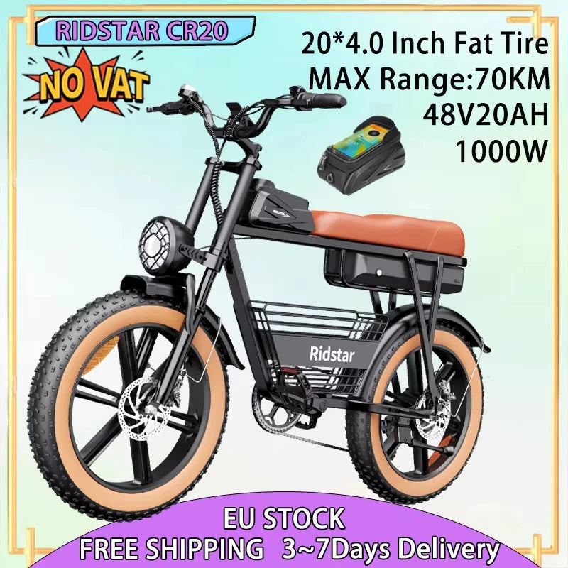 Batería eléctrica de litio de 1000W 48V20AH, moto eléctrica todoterreno, neumático gordo 20*4.0 con caja de almacenamiento, bicicleta eléctrica