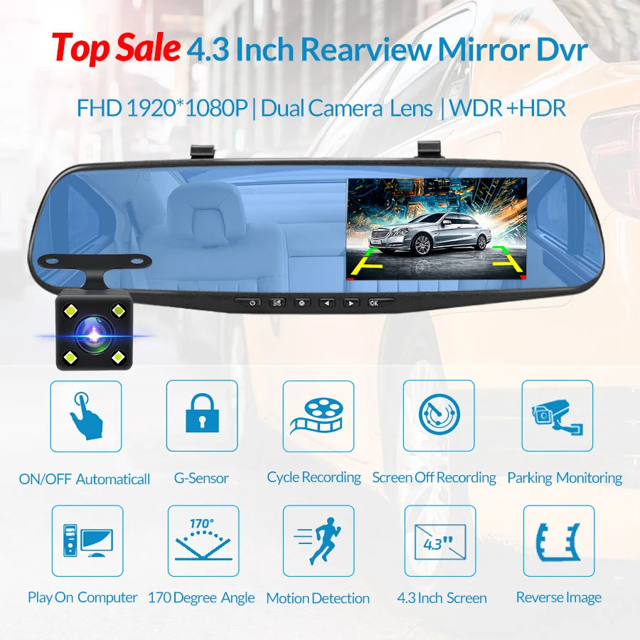 Prada-Dash Cam with Rearview Mirror, Car Video Recorder, Automatic Black Box, Night Vision Camera, Tourist Lens, DVR, 4.3 Inch, 1080P