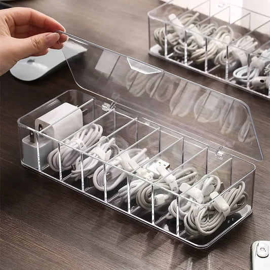 Boîte de rangement de câbles de données en plastique transparent, câble domestique, chargeur de téléphone portable, boîte de finition de câbles de chargement, boîte à grille divisée