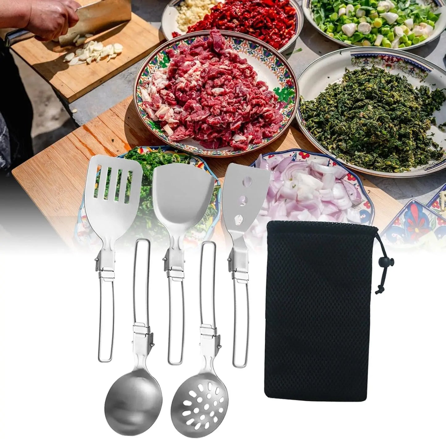 Spatule pliante cuillère pelle tourneur de nourriture Portable 304 en acier inoxydable Camping en plein air barbecue cuisine vaisselle fournitures de pique-nique ﻿