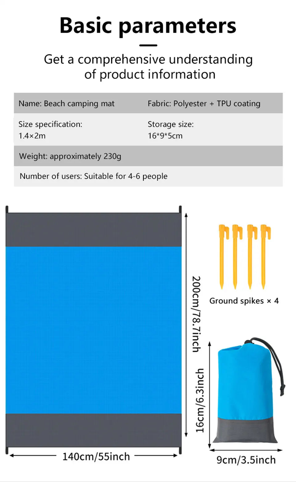 Couverture de plage anti-sable 200x210cm, imperméable, portable, légère, pour pique-nique, camping, voyage, randonnée, sport