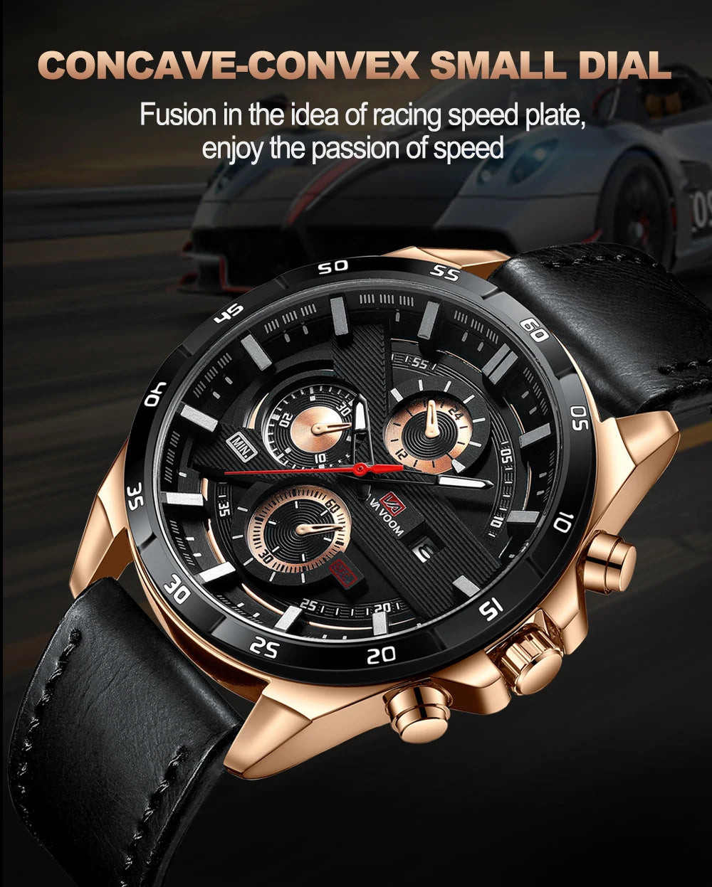 Montres de sport pour hommes, série de course de mode, 46mm, horloge en cuir noir VA VA VOOM, mouvement à Quartz 3Bar, montre-bracelet étanche pour hommes