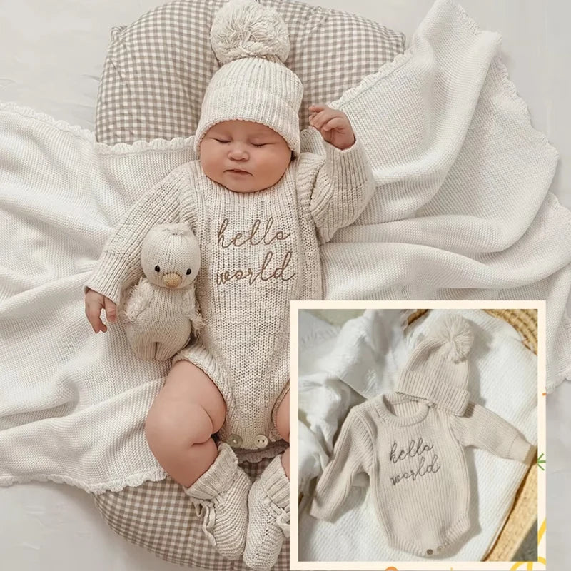 Barboteuse tricotée pour nouveau-né photographie — chapeau à pompon, pull bébé, séance photo HD (v3)