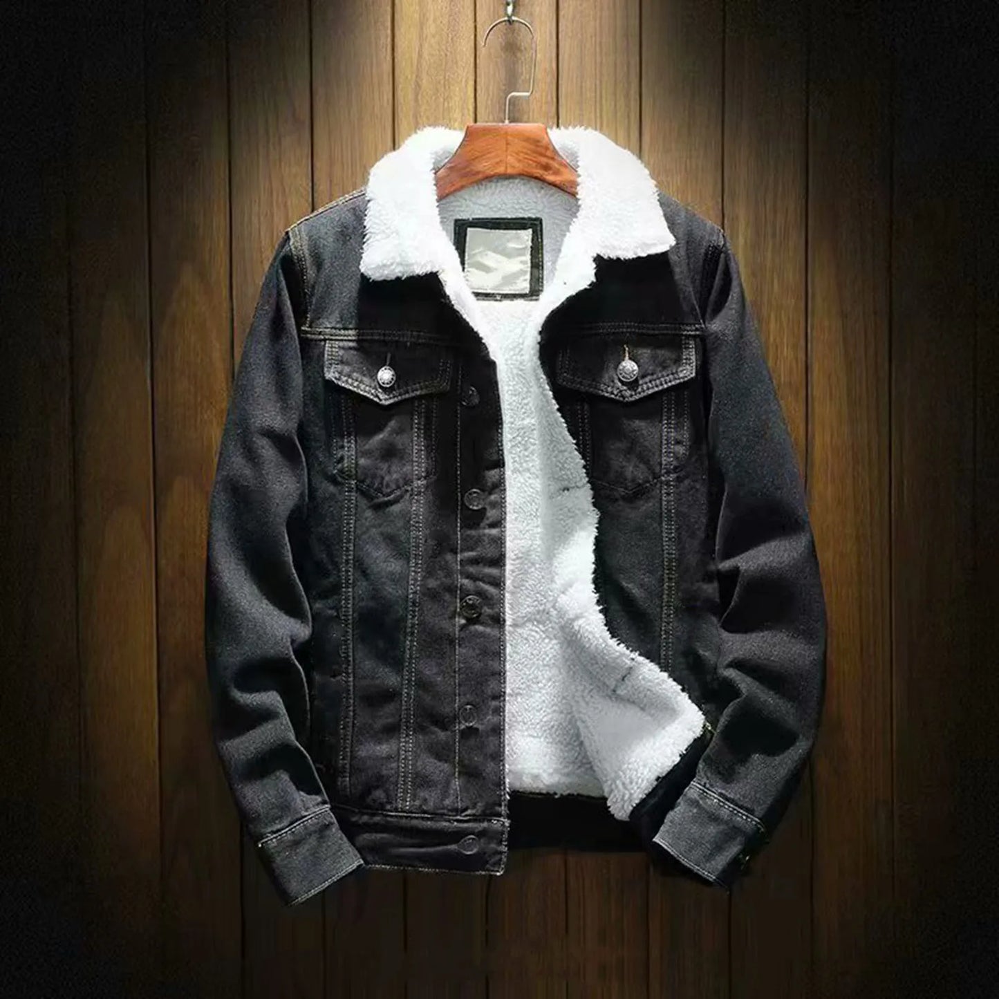 Autumn Men's Fleece Lined Denim Jackets Fashion Motorcycle Vintage Jean Jackets Men Slim Fit Casual Cotton Black Blue Coats