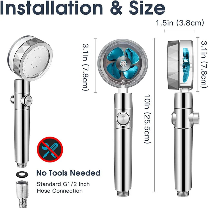 Pommeau de douche avec ventilateur Turbo, Rotation à 360 degrés, haute pression, économie d'eau, Spray réglable, filtres, accessoires de salle de bains