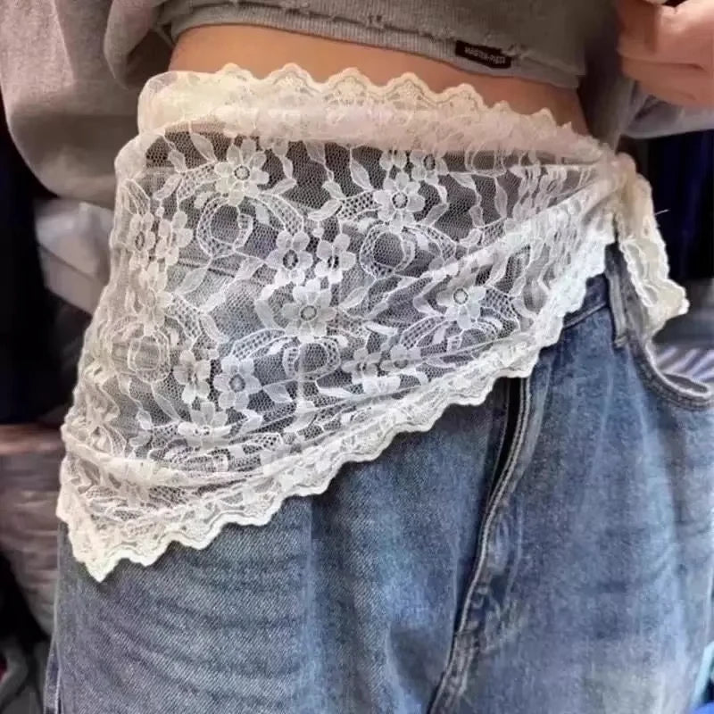 Jupe courte triangulaire 2 en 1, demi-jupe, rideau de fesses, tablier à garniture en dentelle, dentelle douce empilée, foulard de Style coréen pour femmes