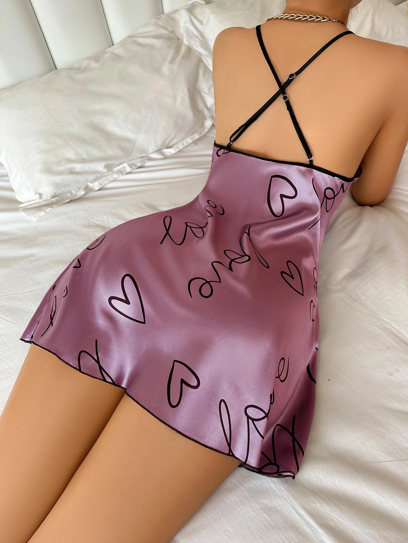 Heart Letter Print Casual Nightdress Round Neck Spaghetti Strap Nightgown Women Sleepwear Robes