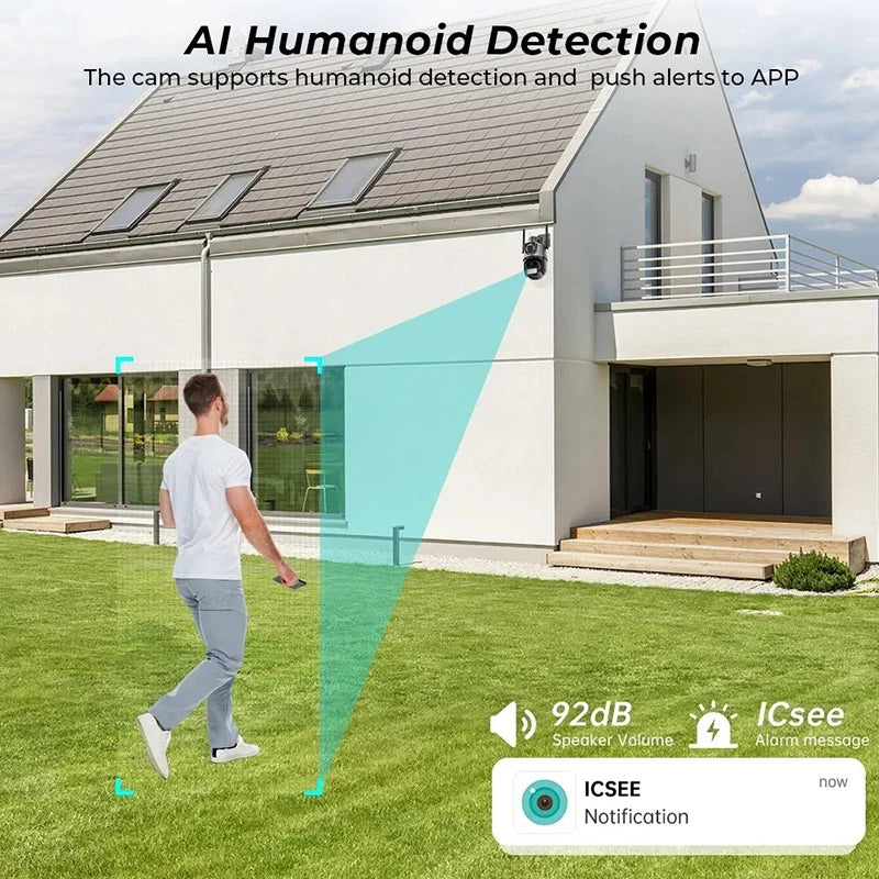 Outdoor WiFi PTZ Camera 4K 8MP HD Dual Lens Dual Screen AI Camera Auto Tracking 4MP Video Surveillance Police Light Alarm iCSee