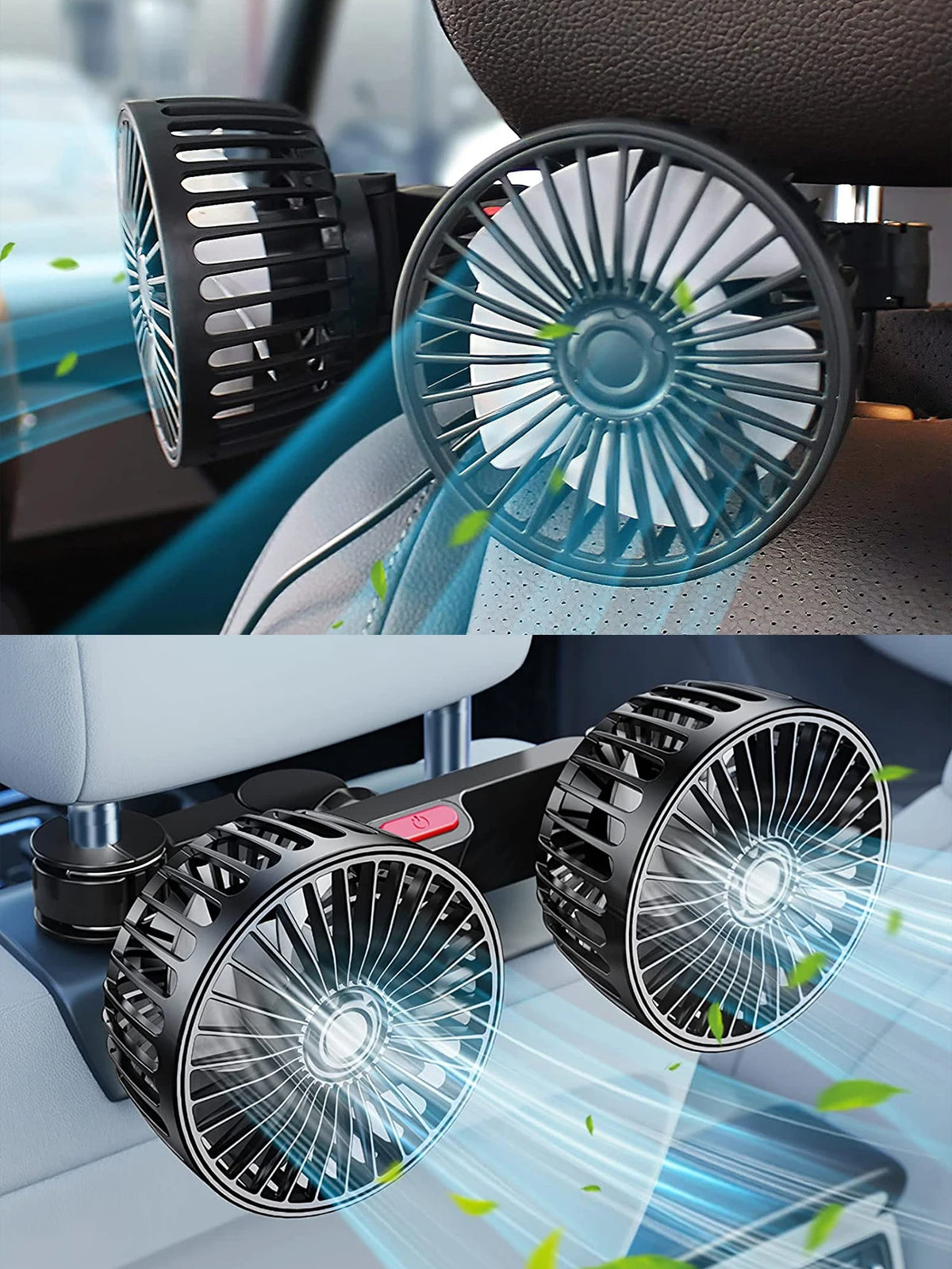 Ventilateur de voiture 360 °   Ventilateur de refroidissement arrière de siège de voiture à 3 vitesses, Charge USB, double tête, refroidisseur de cou à Rotation réglable pour accessoires de voiture et de maison