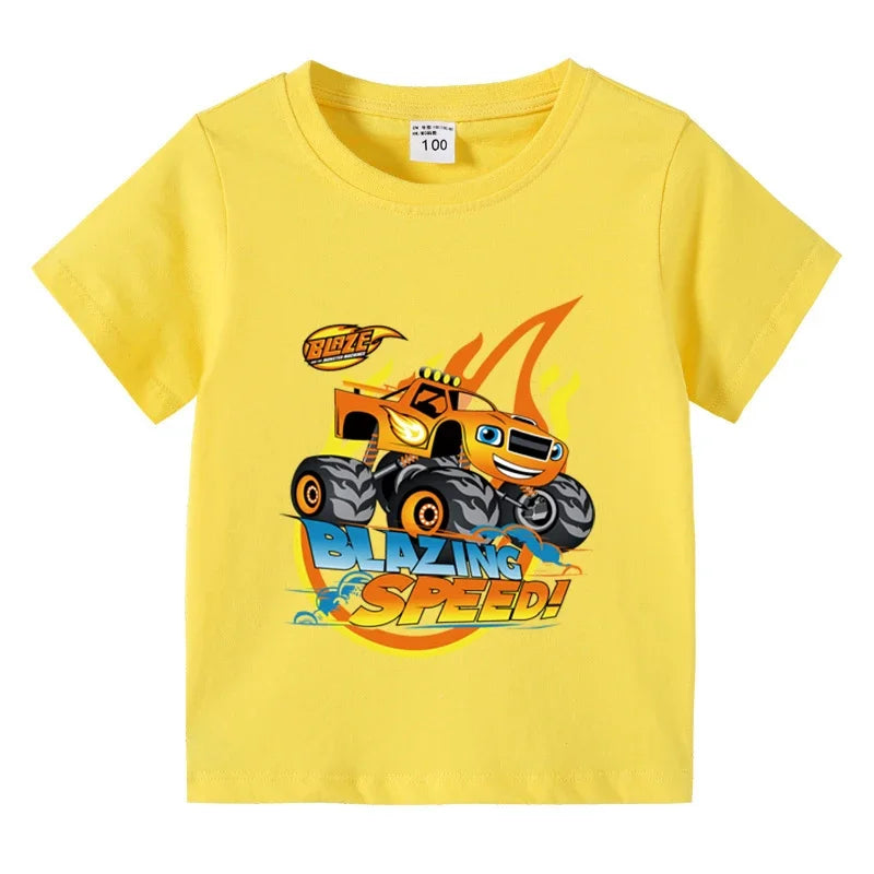 T-shirt à manches courtes en coton pour enfants — impression dessin animé camion monstre