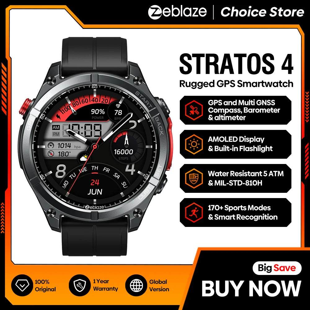 Smartwatch GPS 1,43" AMOLED — boussole, altimètre barométrique, lampe de poche, appel vocal, 2025