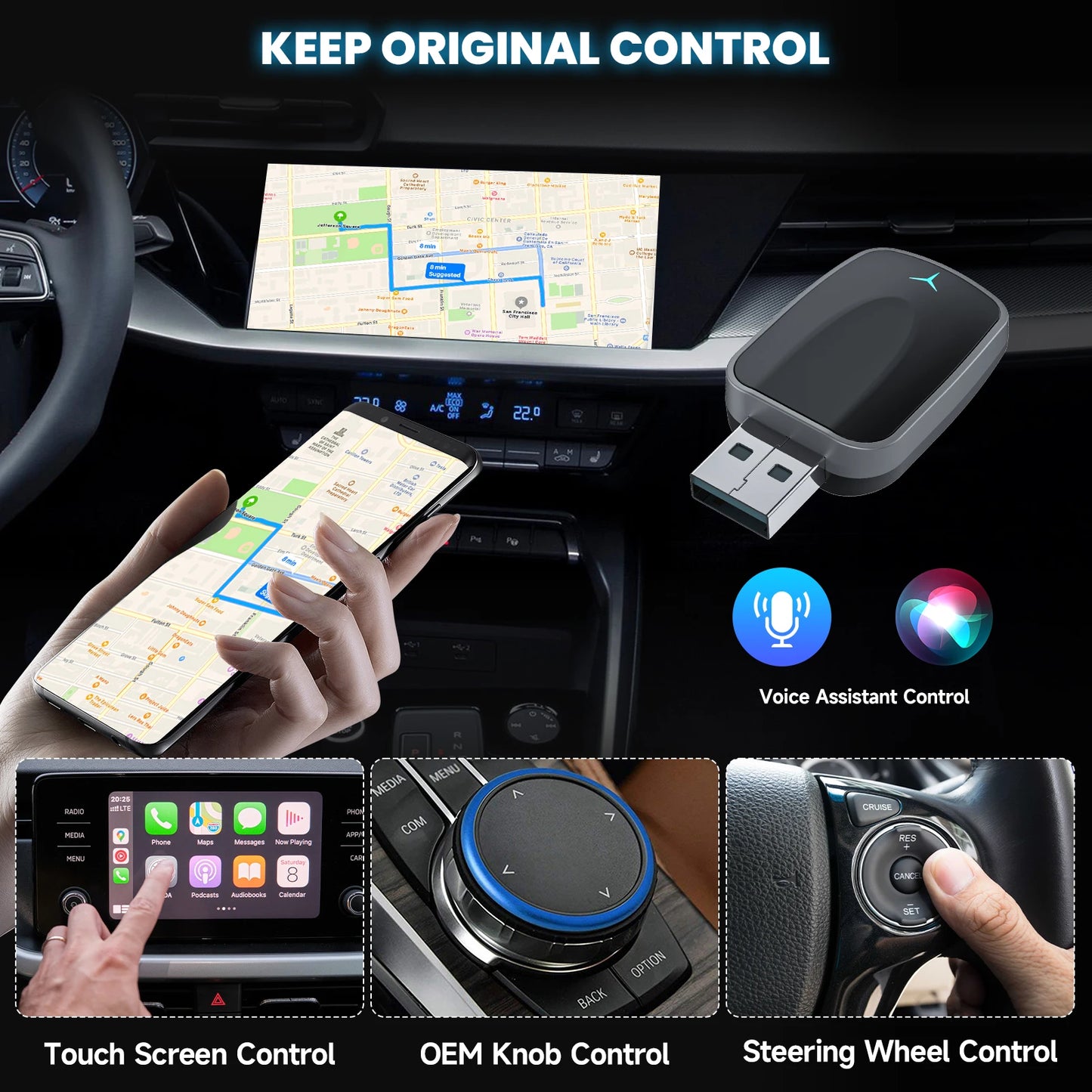 Adaptador inalámbrico 2 en 1 de CarPlay con cable a inalámbrico y adaptador inalámbrico Android Auto Plug & Play