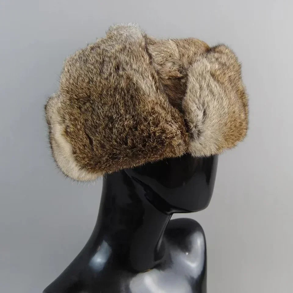 Men's Rabbit Fur Hat Winter Genuine 100% Fur Bomber Hat Warm Windproof Earmuffs Male Flat Grey/Black Russian Fitted Cap