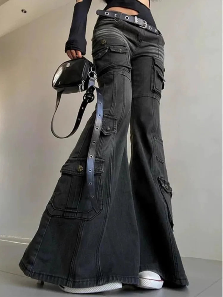 2025 Cyber Y2K Streetwear Vintage Black Slim Flare Cargo Jeans Pants Women's Clothing Multi-Pocket Lady Trousers