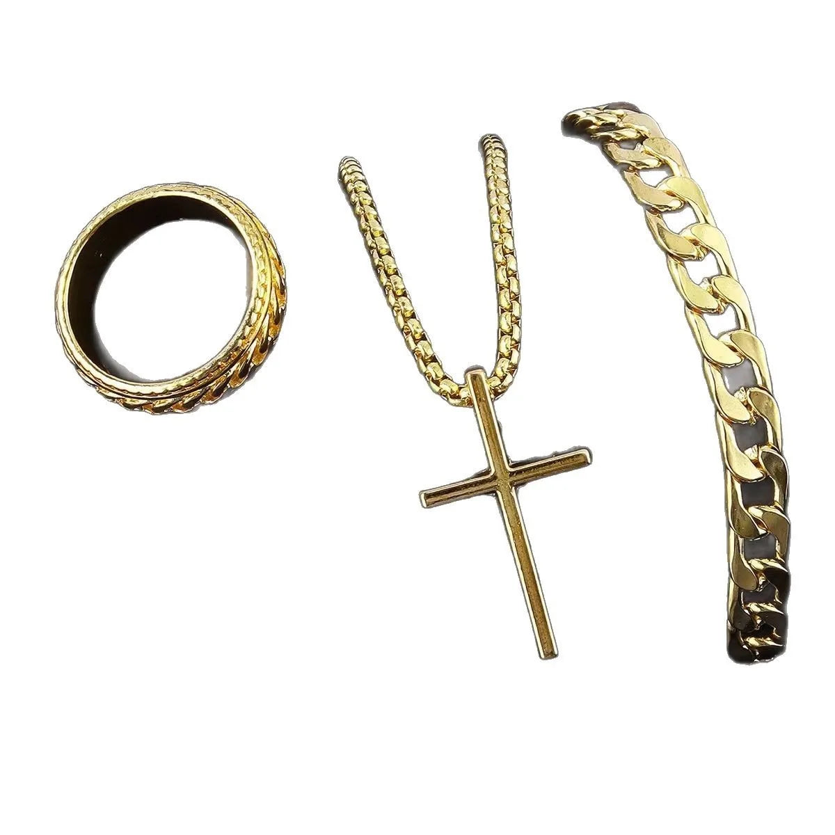 Superventas Nuevo set de joyas cruzadas de 3 piezas | Collar, pulsera, anillo de cadena | Accesorios de moda religiosa para mujeres y hombres, uso diario y regalo