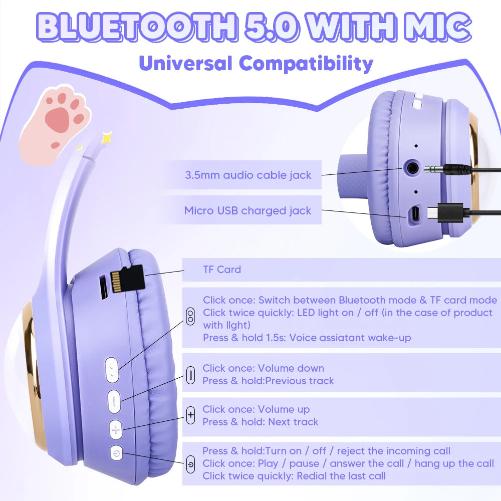 RGB Cat Ear Wireless Headphones for PC, Cute 3D Space Capsule Bluetooth Headset, Foldable Gaming Headphone, Gifts for Kids Girls
