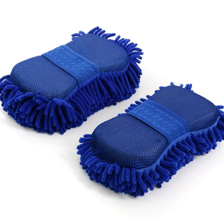 2pcs Blue Microfiber Chenille Car Wash Sponge, Maintenance Wash Brush Pad, Books Tool, Auto Washing Towel, Gloves, Styling Accessories
