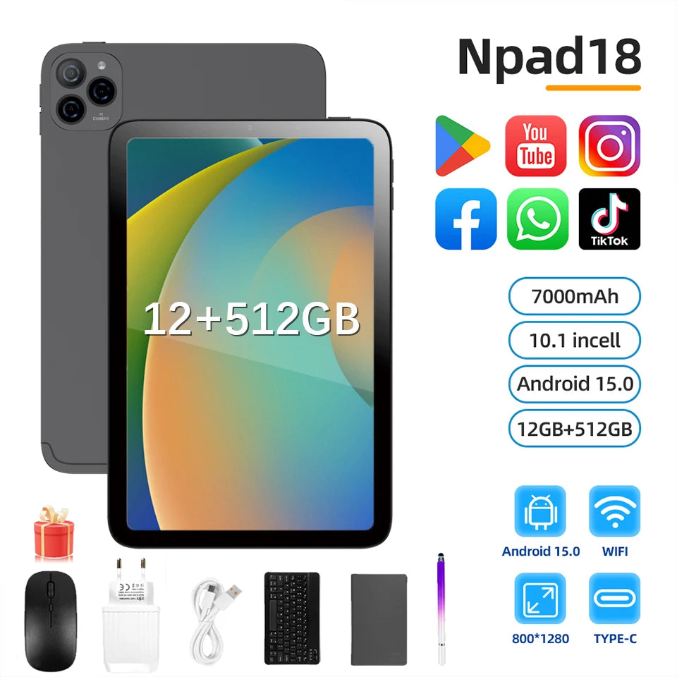 NPad 18 Pro 10.1 inch Tablet Pad 1280*800 HD 12GB 512GB Android 14.0 7000mAh Dual WiFi BT5.0 Dual SIM Dual Camera Tablets