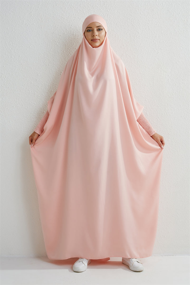 Abaya musulman à capuche manches smockées une pièce Robe de prière femmes Jilbab vêtements islamiques dubaï saoudien Robe noire modestie turque