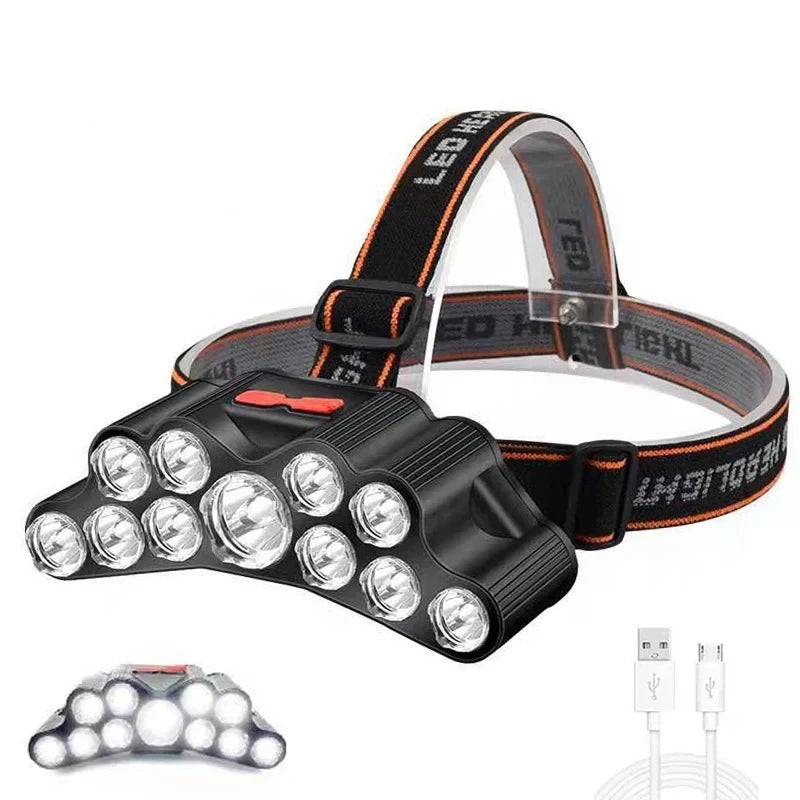 Lampe frontale puissante à 5/11 LED, batterie 18650 intégrée, Rechargeable par USB, lanterne pour Camping en plein air, pêche