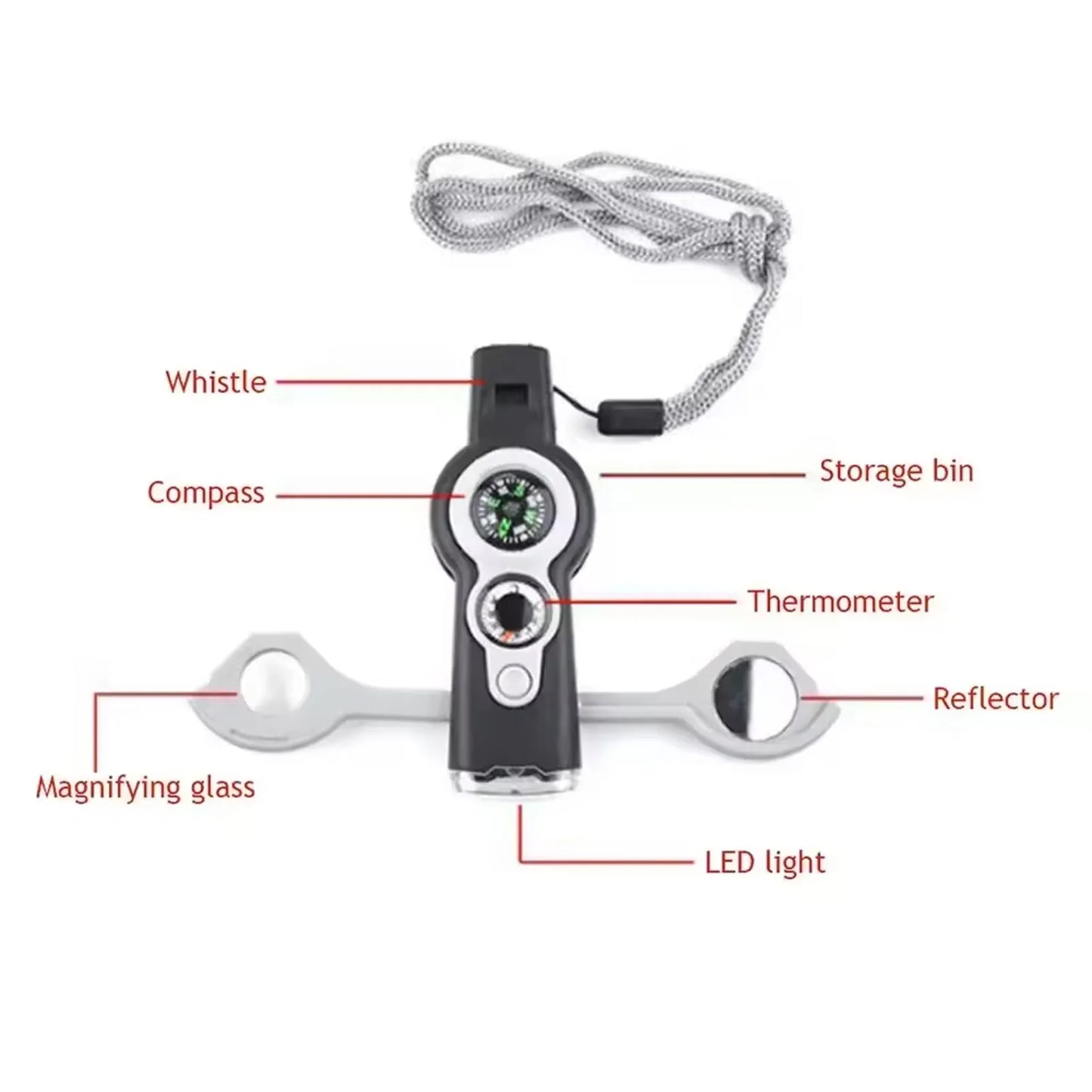 Sifflet de survie 7 en 1 avec lumière LED, indicateur de direction et thermomètre, kits d'urgence portables pour l'extérieur, pour la randonnée et le camping