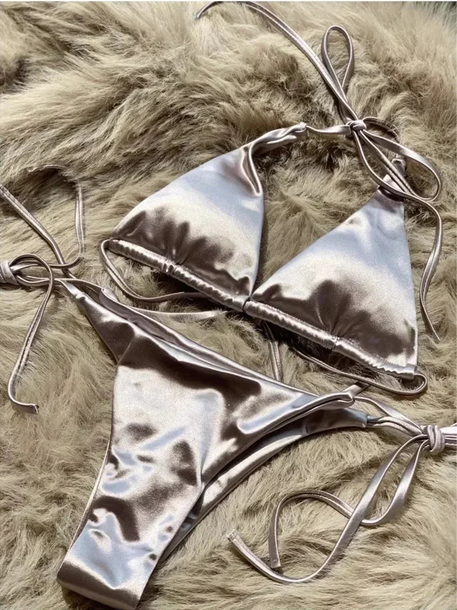Licou brésilien métallique Satin Bikini femmes maillots de bain femme maillot de bain deux pièces Bikini ensemble coupe haute maillot de bain maillots de bain