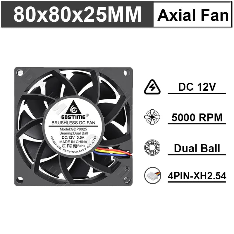 Ventilateur de refroidissement Gdstime 8025 2 broches 48V DC 5V 12V 24V 80mm, ventilateur axial USB à double roulement à billes 80x80x25mm, ventilateur de refroidissement pour boîtier PC 8CM