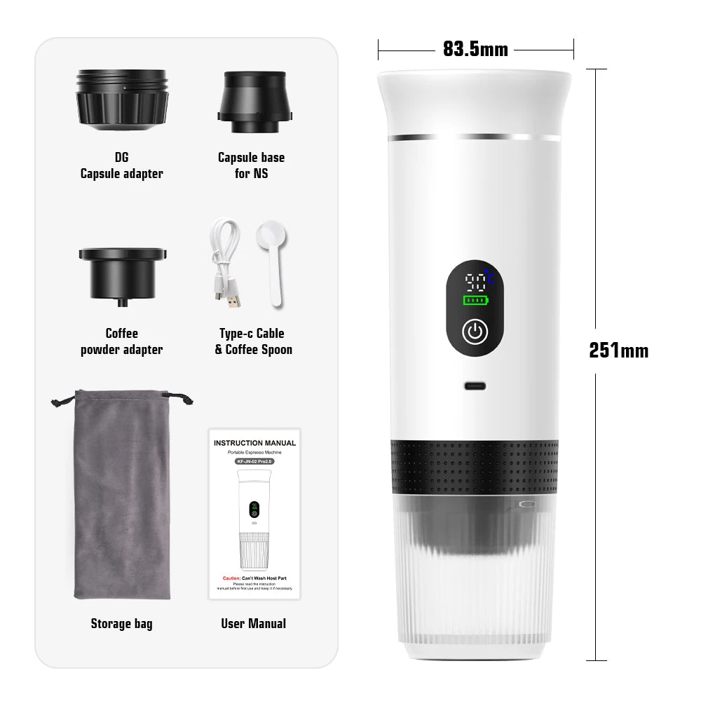 DENOKIN Cordless Portable Espresso Maker for Car and Camping, 80ml Water Tank, Digital Display, 3-in-1 Travel Coffee Maker for Capsules and Powders