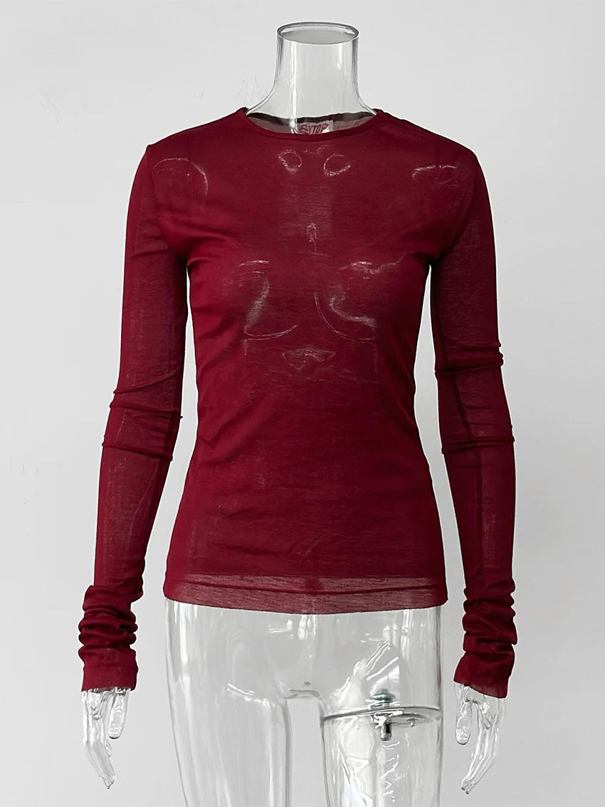 T-shirt femme mince marron 2026 — décontracté, col rond, manches longues, élégant, simple