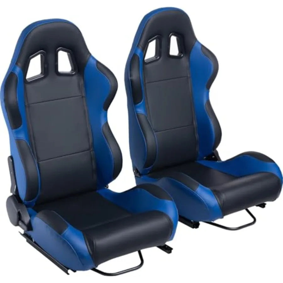 Par de asientos de carreras universales, reclinables de cuero PVC negro y azul, con asientos de cubo deslizantes de doble cierre