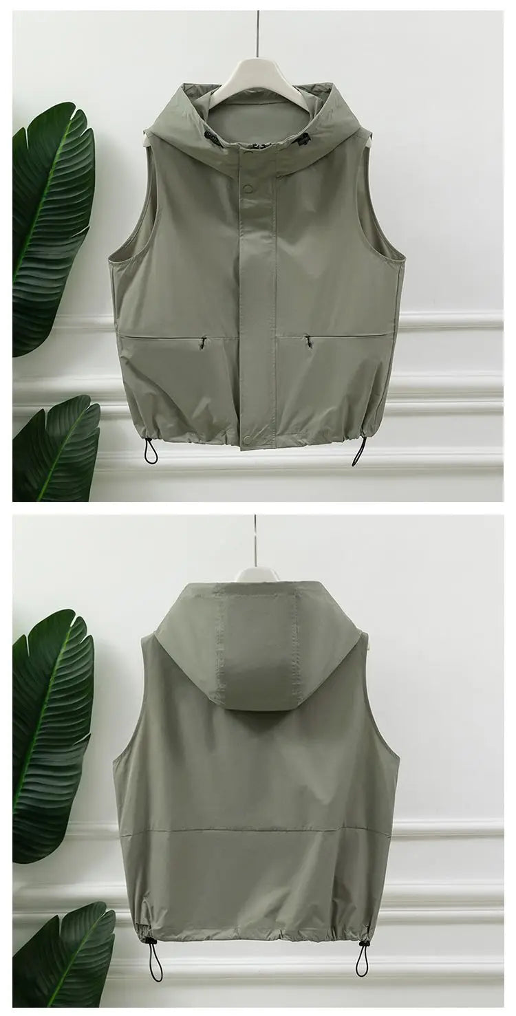 Gilet utilitaire sans manches à capuche gris clair pour femmes, fermeture éclair sur le devant, cordon de serrage, poche à la taille, Gilet superposé décontracté pour l'extérieur