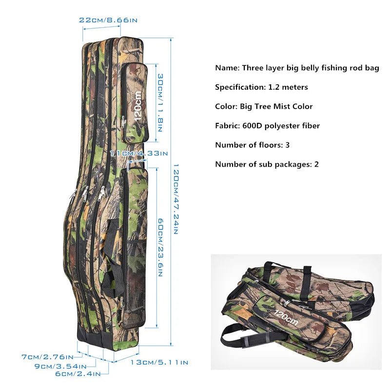 Sac de pêche en mer à grand ventre à trois couches, sac de canne à pêche à double épaule, trousse à outils pour le stockage extérieur, 1.2m, 1.5m