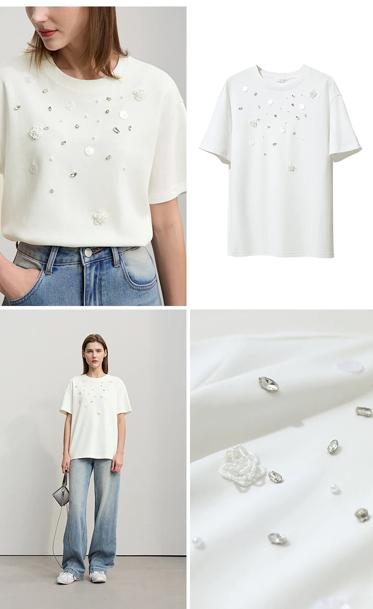 T-shirt femme 2026 — col rond, perle tridimensionnelle, fleur, diamant, tricot, ample