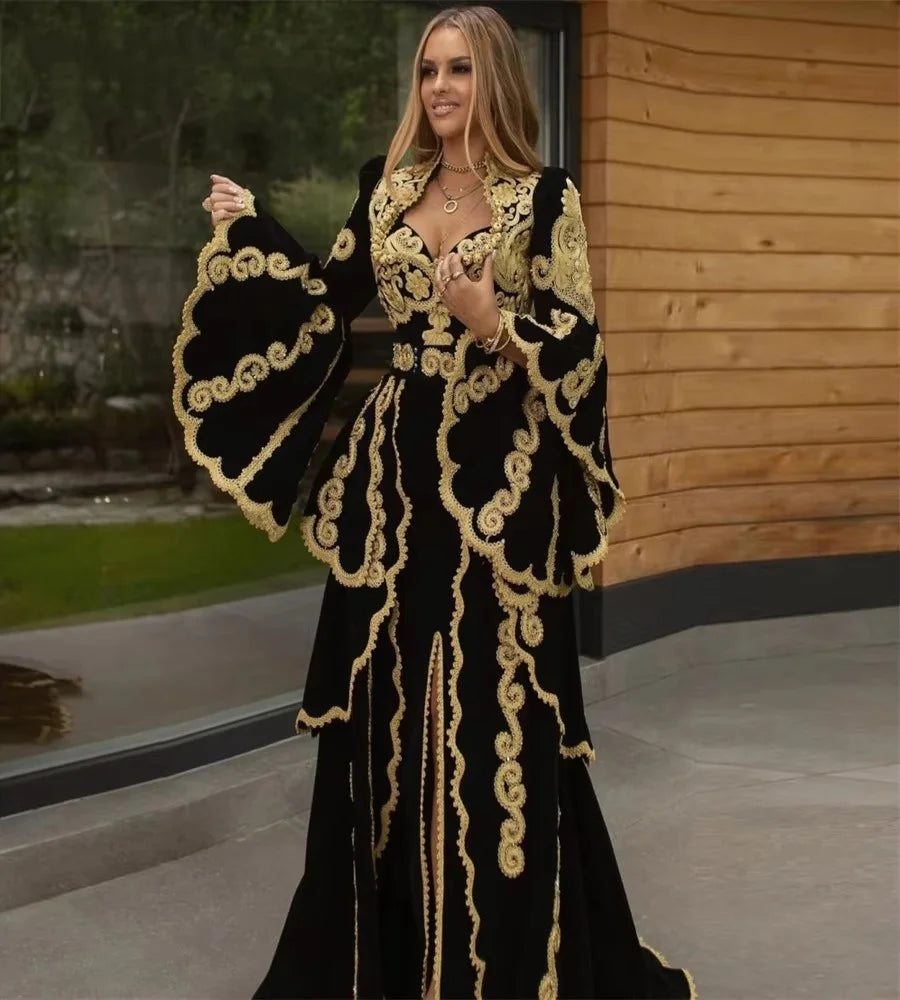 Robe de soirée traditionnelle kosovare albanaise 2025, Kaftan marocain à manches longues avec appliques dorées, Robe de bal musulmane arabe personnalisée