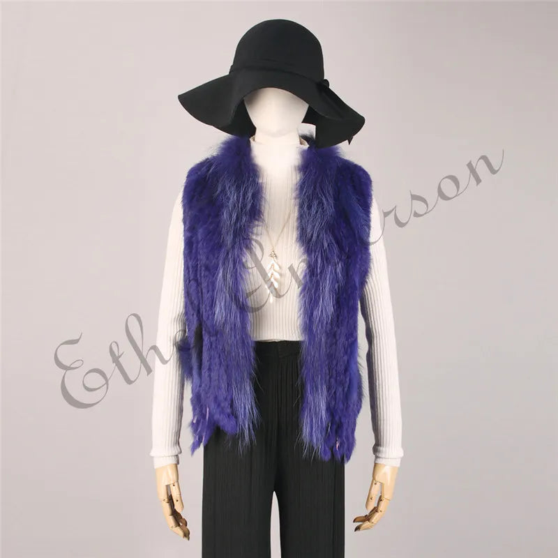Gilet à glands en véritable fourrure de lapin tricoté — vintage, garniture fourrure raton laveur