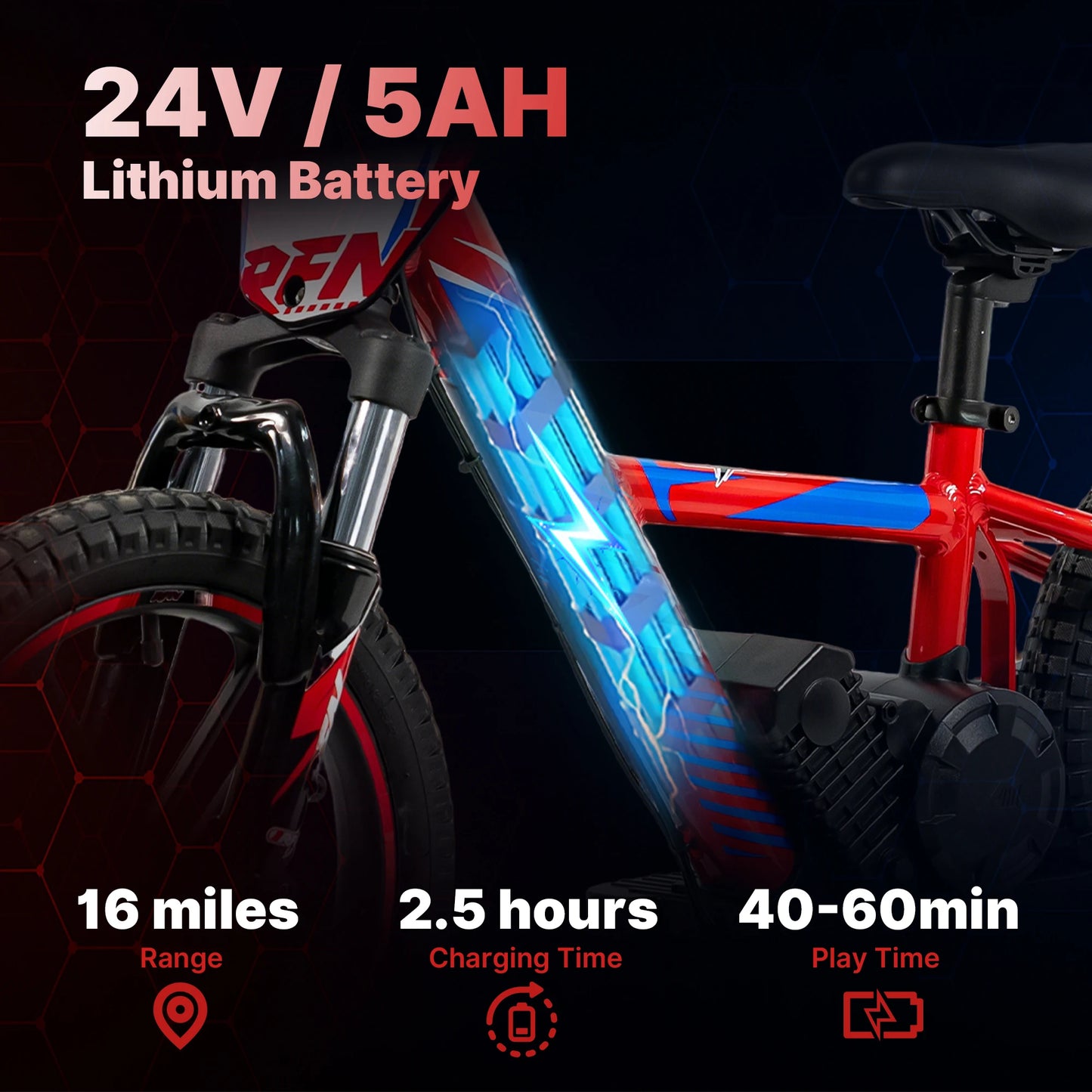 RFN Warrior Kids Electric Dirt Bike – 36V 500W Off-Road Motorcycle, 18.6 mph, 11.2 Mile Range, 3-Speed Ride for Ages 4-8