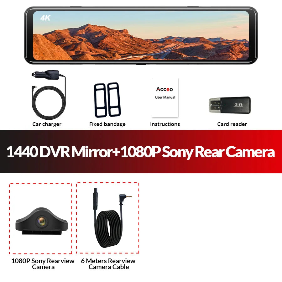 E-ACE A45P 4K WIFI GPS Coche DVR 12 Pulgadas Táctil IPS Pantalla Parque Retrovisor Opcional Cámara Trasera Dashcam Grabador de Vídeo