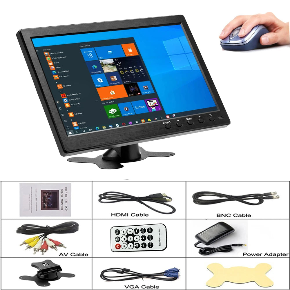 Podofo Monitor de coche LCD HD de 10.1" 1024*600, mini TV, monitor LCD de pantalla digital con HDMI/VGA/AV/USB/SD/TV/reproductor de DVD para vigilancia