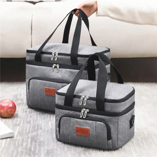 Bolsas de almuerzo aisladas de doble capa multifuncionales para hombres y mujeres, fiambrera de pícnic de viaje de gran capacidad con correa para el hombro