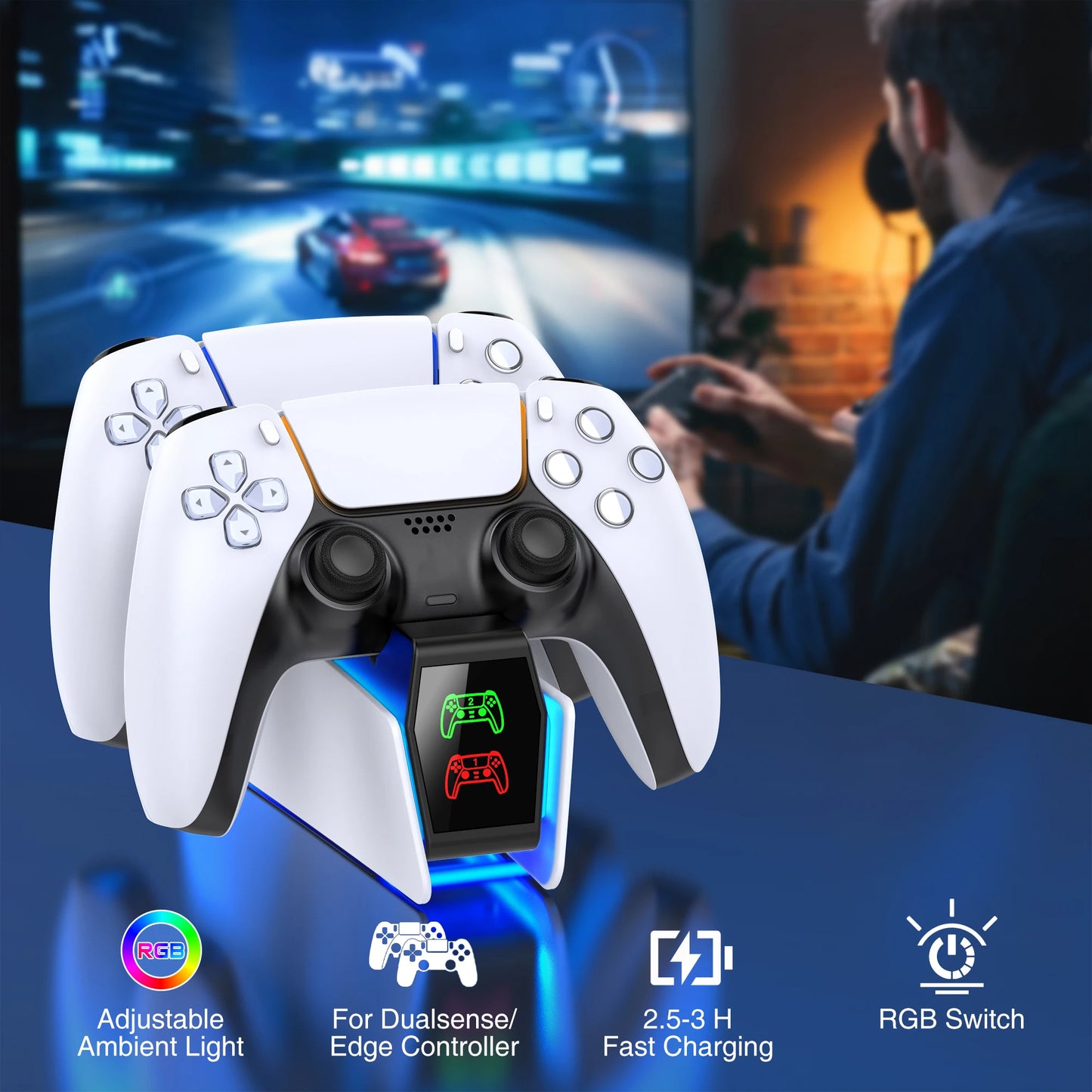 Station de charge double pour manette de jeu — chargeur rapide, indicateur LED, support d'accueil