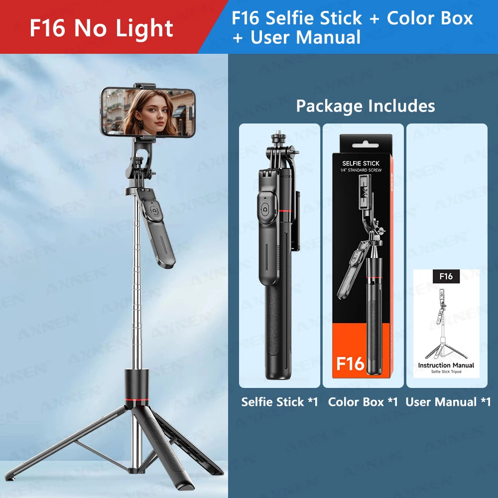 Perche à selfie trépied 1708mm avec télécommande Bluetooth — rotation 360°, interface 1/4", lumière optionnelle