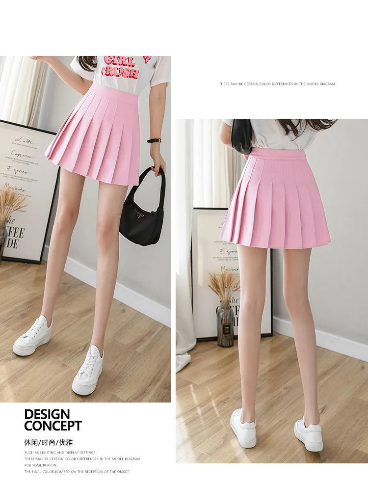 Mini jupe plissée avec short pour femmes, taille haute, ligne a, jupe patineuse, blanc, noir, rose, uniforme scolaire sportif, nouvelle mode, offre spéciale