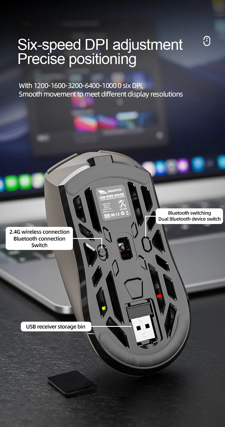 SmailWolf RS8 Bluetooth sans fil 2.4g souris de jeu triple mode léger e-sports jeu 1K taux de retour 10000DPI ordinateur