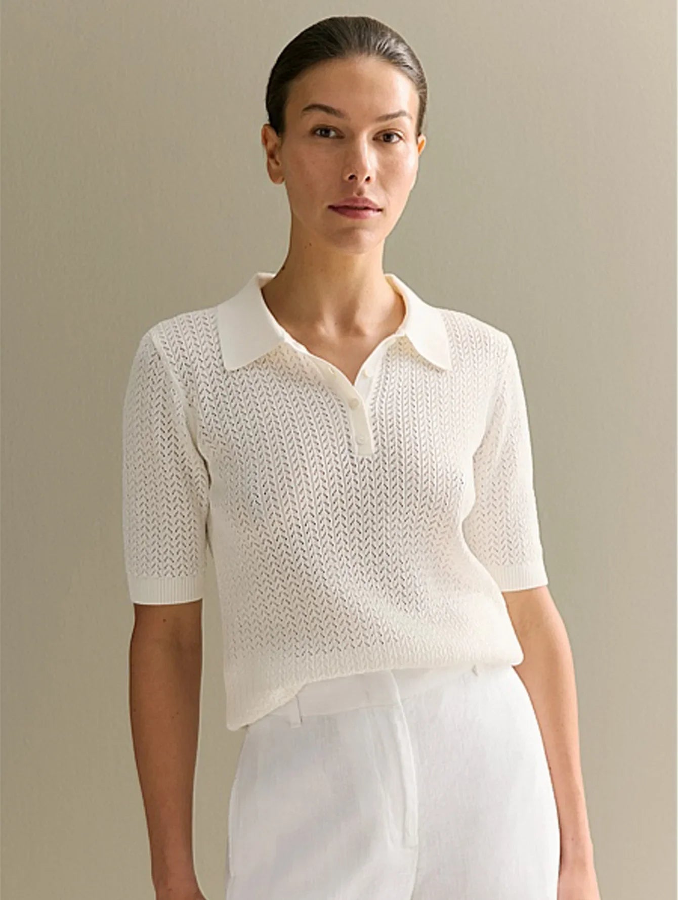 T-shirt femme en maille ajourée 2026 — manches courtes, décontracté, col à revers, tendance, uni