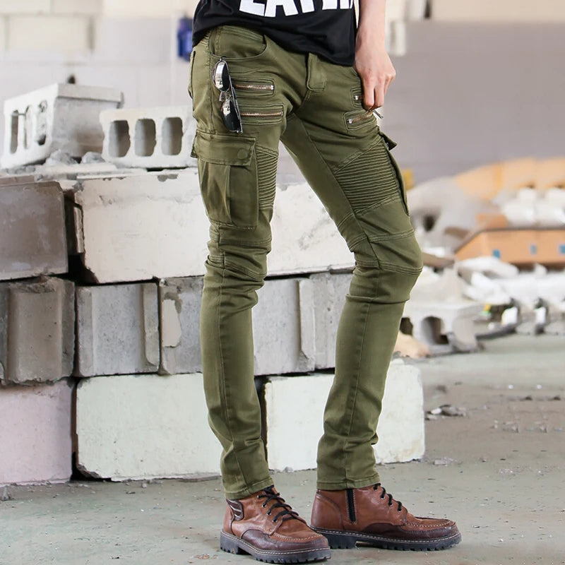 Men's Green Denim Biker Jeans, Slim Fit, Elasticated, Hip Hop, Military, Motorcycle, Cargo, New Track, DistMurcia