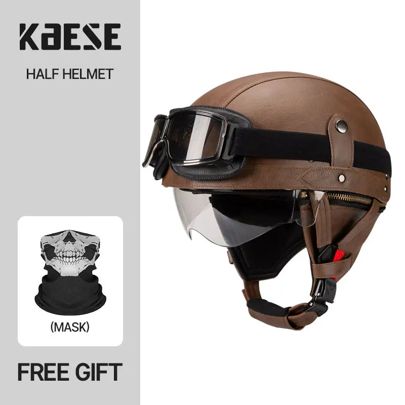 Casque Moto Demi-Visage Vintage DOT — Homme Femme Scooter Été Noir Marron